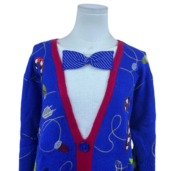 Jolly Sweaters Blue & Red Acrylic Christmas Cardigan XL Holiday Festive - New - Picture 4 of 8